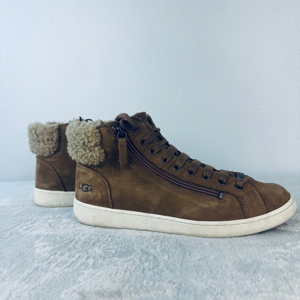 UGG Olive High Top Sneaker Chestnut Women Size 11 Brown Suede Sheepskin‎ 1019716
